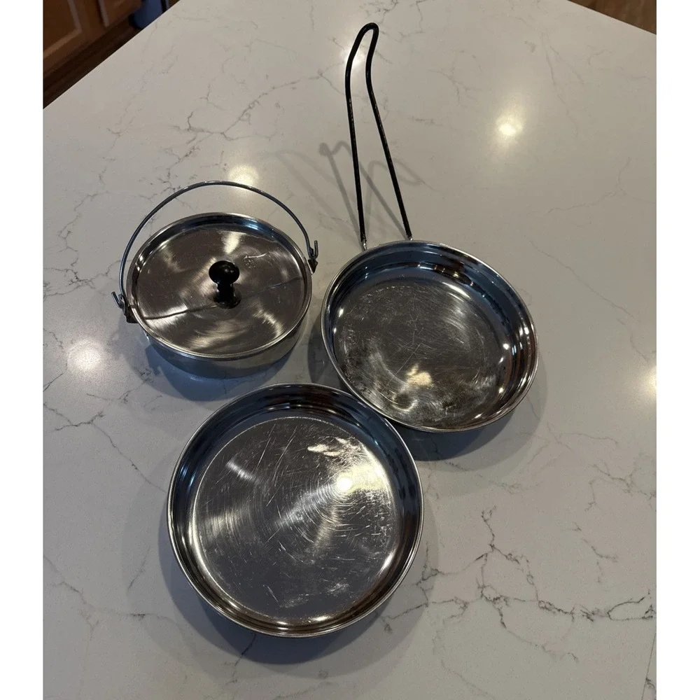 Vtg Stainless Steel Camping Mess Kit Nesting Cookware 3 Pc Set Hiking Packable